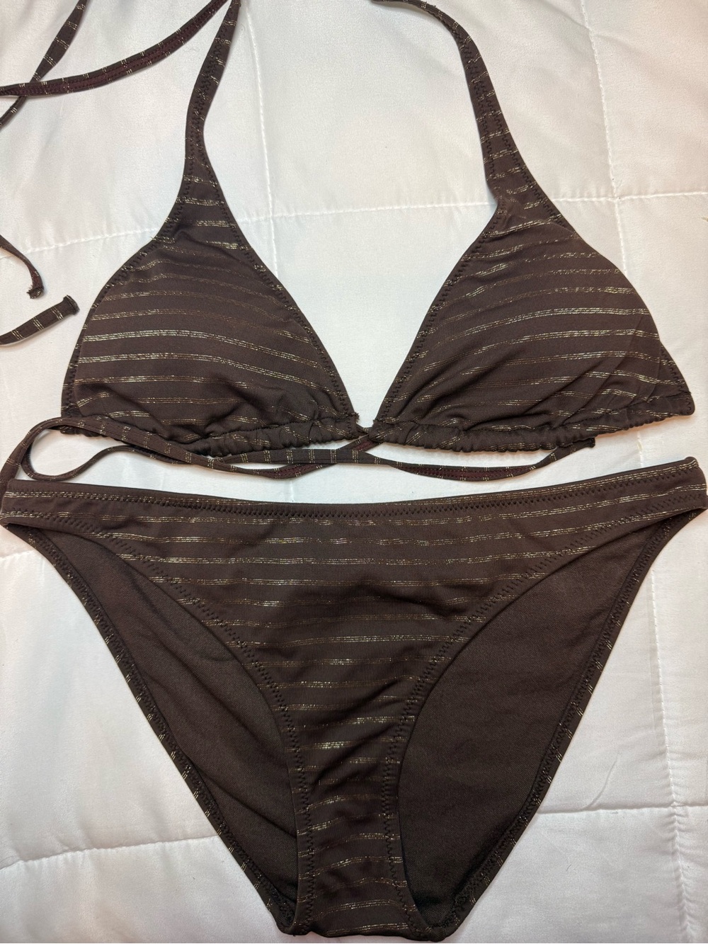Tex Brown & Gold Shimmer String Bikini Set Size 38 = US 6